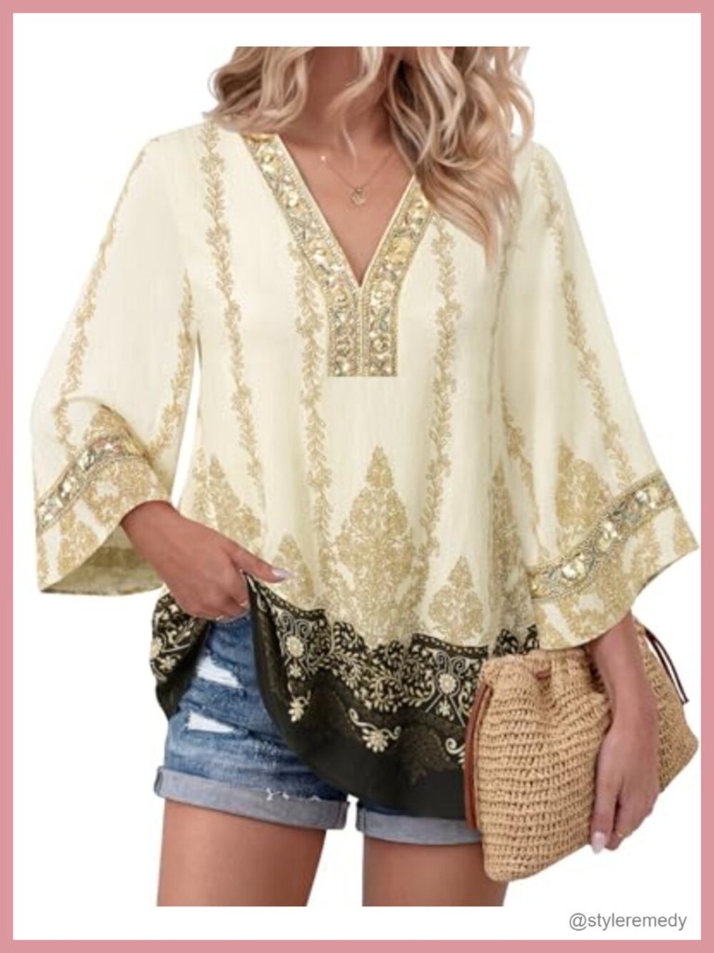 Womens Embroidered V Neck Boho Tunic Top 3/4 Bell Sleeve Blouse